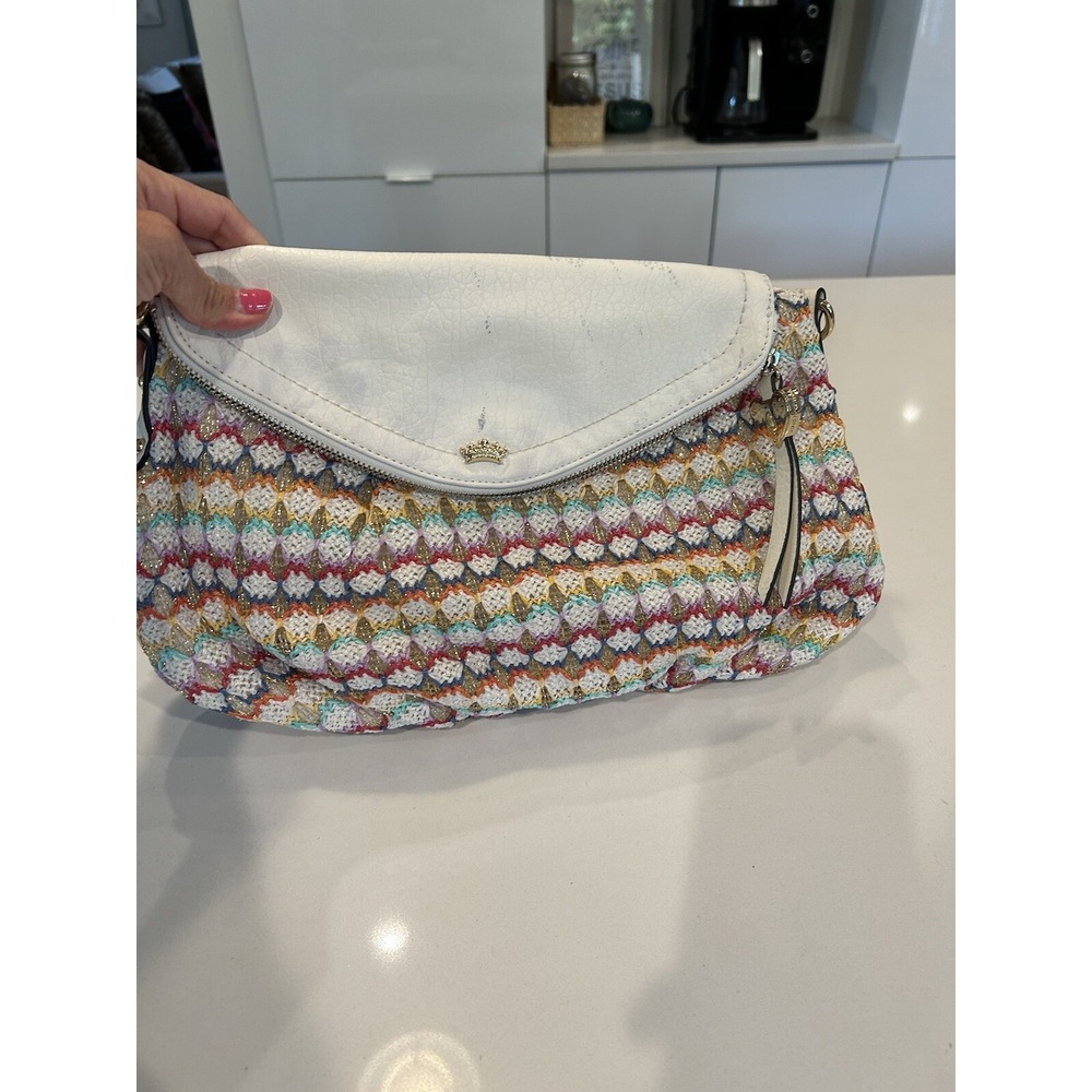 Juicy‎ Couture Lurex Rainbow Woven Straw Flap Crossbody Handbag Purse White Flap